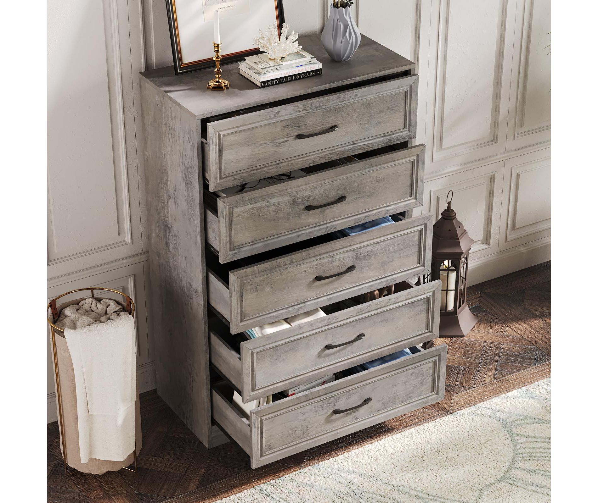 5 Drawer Tall Dresser with Charging Station, TV Stand, Chest of Drawers