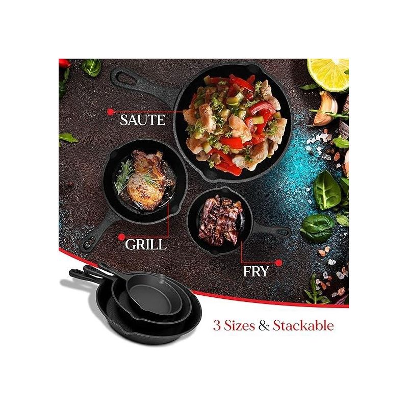 NutriChef 3pc Kitchen Skillet Pans - Pre-Seasoned Iron Skillet Cooking Pan Set with Scraper, 5 of 7