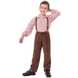 Boys Pioneer Costumes Colonial Village Boy Costume 2 Piece Halloween Outfits Suede Overall with Stripe Shirts Boys #N/A Themed Party Outfits - 1 of 4