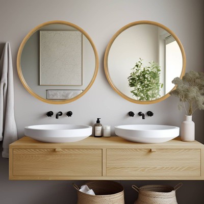 Natural Wood Round Wall Mirror with Silver Accents, 32 Inches