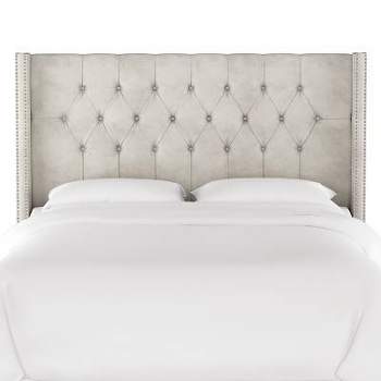 Skyline Furniture King Louis Diamond Tufted Wingback Headboard Light Gray Velvet with Pewter Nail Buttons