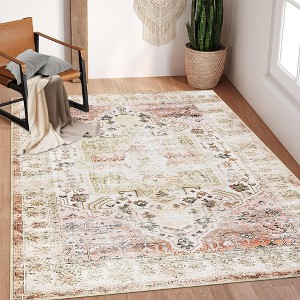 8x10 Rugs Non-Slip ¨C Vintage Distressed Area Rug Ultra-Soft Low Pile Carpet | Machine Washable Light Brown Rug with TPR Backing - 1 of 4