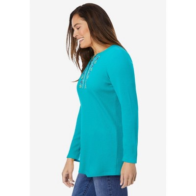 Plus Size Teal V-Neck Embroidered Thermal Henley Tee