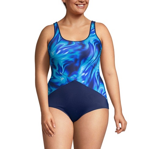Lands' End Women's Tummy Control Scoop Neck Soft Cup Tugless Sporty One  Piece Swimsuit Print