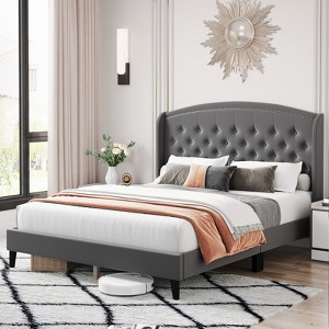 homfan Upholstered Bed Frame, Wingback Headboard, Velvet Platform Bed, Button Tufted Design, No Box Spring Needed - 1 of 4