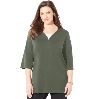 Catherines Women's Plus Size Suprema Y-neck Duet Tee - 2x, Olive Green ...