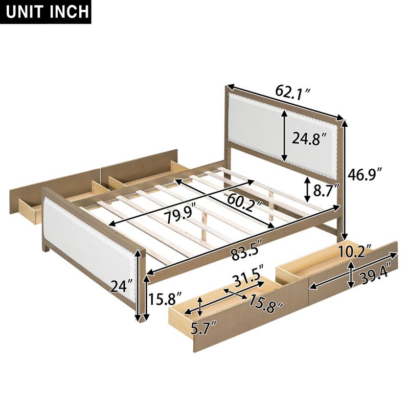 Queen/Full Size Upholstered Platform Bed with 4 Drawers, Beige-ModernLuxe, 4 of 13