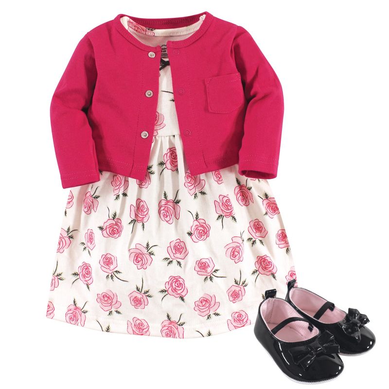 Little Treasure Baby Girl Cotton Dress, Cardigan and Shoe 3pc Set, Rose, 1 of 2