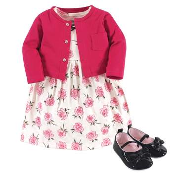 Little Treasure Baby Girl Cotton Dress, Cardigan and Shoe 3pc Set, Rose