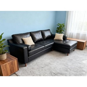 1 PVC+iron+cloth strap armrests, two brackets, wooden frame, sofa bed, dark brown - 1 of 4