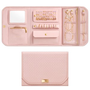 Travel Jewelry Case, Foldable Jewelry Organizer with Mirror, Large Capacity Jewelry Roll, Woven Embossed PU Leather, Gift Idea - 1 of 4