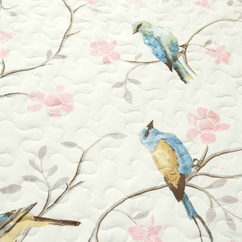 Lush Décor 3pc Botanical Bird And Flower Oversized Reversible Quilt Set White/Blue/Yellow, 4 of 9