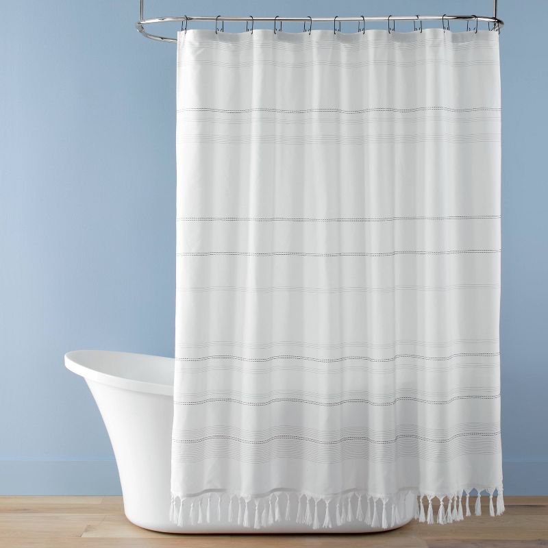 Woven Stripe Tassel Shower Curtain White/Dark Gray - Hearth &#38; Hand&#8482; with Magnolia, 1 of 5