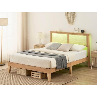 King Size Bed Frame, Natural Rattan Headboard Bed Frame with Led Lights,Noise-Free Platform with Wooden Support Legs and Slats, No Box Spring Needed
