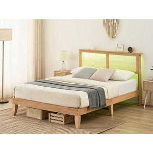 King Size Bed Frame, Natural Rattan Headboard Bed Frame with Led Lights,Noise-Free Platform with Wooden Support Legs and Slats, No Box Spring Needed - 1 of 4