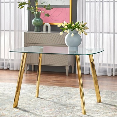White Faux Leather and Gold 5-Piece Dining Set with Glass Top