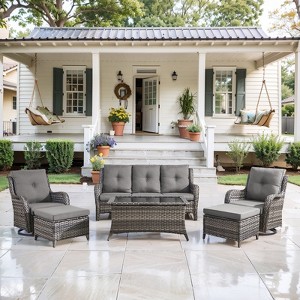 6 Piece Rattan Wicker Patio Conversation Set with Swivel Chairs, Patio Furniture Set with Patio Couch Swivel Chair Coffee Table Ottoman - 1 of 4