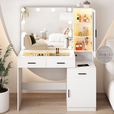 Makeup Vanity with Large Mirror, Glass Top & Charging Station, 3 Lighting Modes