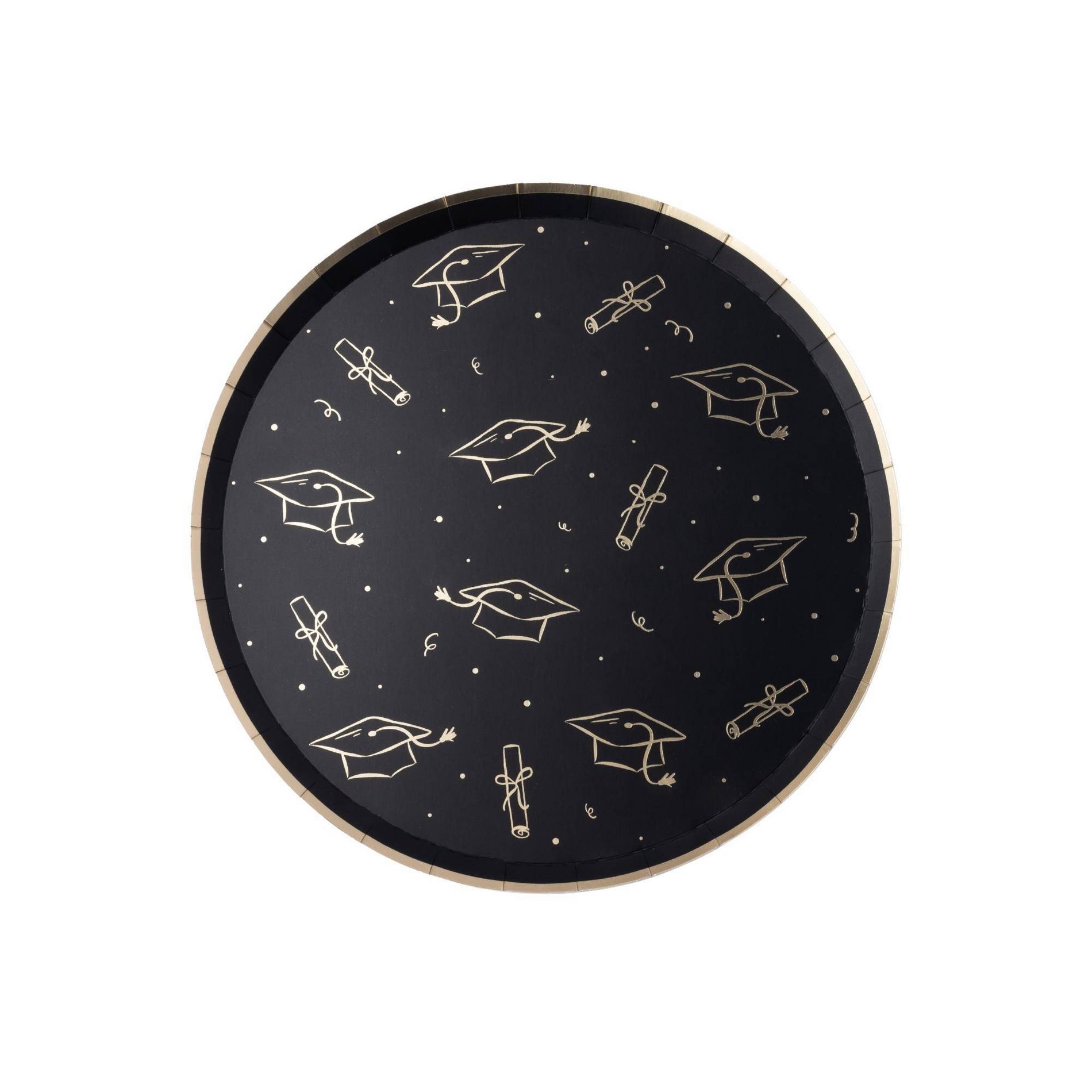 Bonjour Fete 12ct Graduation Hat Dinner Paper Plates Black and Gold