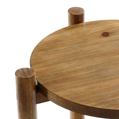 Chestnut Finish Pine and MDF Round Table with Rattan Shelf