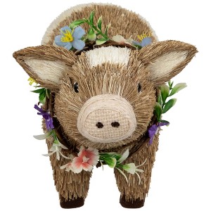 Northlight Boy Piglet with Floral Wreath Spring Figurine - 10.25" - Brown and Beige - 1 of 4