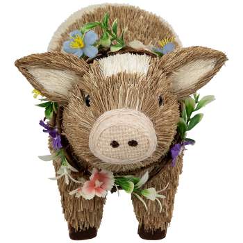 Northlight Boy Piglet with Floral Wreath Spring Figurine - 10.25" - Brown and Beige