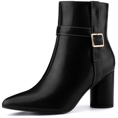 BLISSFUL STEP Women's Pointed Toe Block Chunky Heel Buckle Decor Ankle Boots