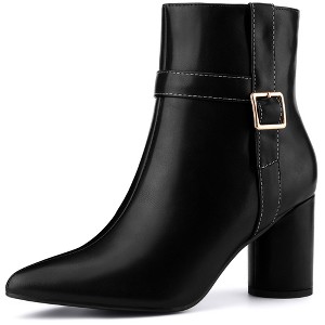 BLISSFUL STEP Women's Pointed Toe Block Chunky Heel Buckle Decor Ankle Boots - 1 of 4