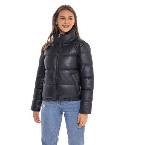 Women's Faux Leather Puffer Jacket, Puffy Coat - S.e.b. By Sebby Black  Large : Target