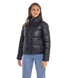 Women's Faux Leather Puffer Jacket, Puffy Coat - S.E.B. By SEBBY Black Large