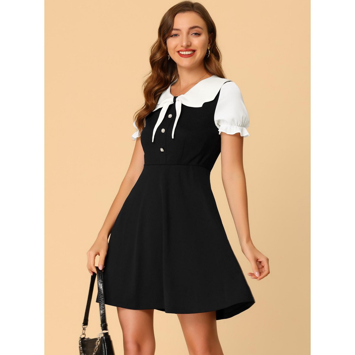 Женские платья INSPIRE CHIC Women's Bowtie Neck Contrast Color A-Line Doll Collar Dress X-Small Black — фото 2