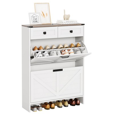 Shoe Storage Cabinet, Modern Slim Shoe Cabinet with 2 Flip Drawers and 2 Drawers, Freestanding Shoe Organizer with Anti-Tipping Device for Foyer