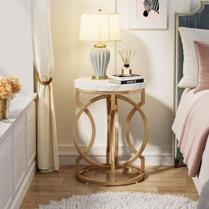 ORRD Round End Table with Faux Marble Top, 20” Modern Side Table & Nightstand with Gold O-Shaped Metal Base for Living Room & Bedroom - 1 of 4