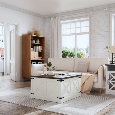 JUJABU Square Farmhouse Coffee Table with Lift-Top and Hidden Storage White