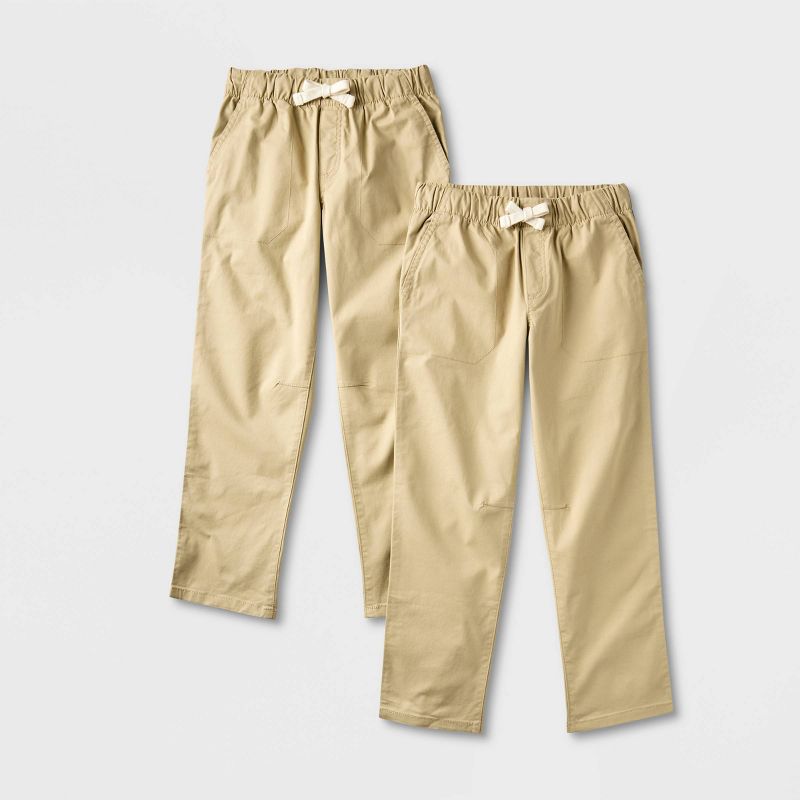 Boys' 2pk Stretch Straight Fit Woven Pull-On Pants - Cat & Jack™ Beige 10: Cotton-Spandex Blend, Reinforced Knee, Drawstring Waist