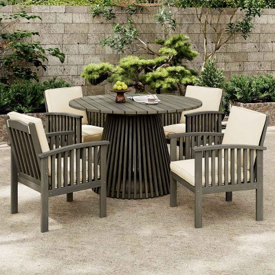 5 PCS Patio Dining Set with Round Dining Table, 1 Table and 4 Chairs, Chairs with Acacia Wood Frame and Polyester Cushion-Coolbibila