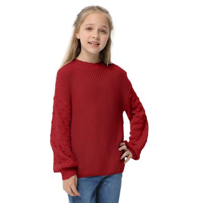 Girls Pullover Sweater Cable Knit Soft Comfy Sweater for Girls Crew Neck Sweater Puff Sleeve Ribbed Knit Cuff