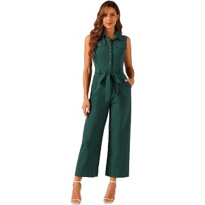 Allegra K Women's Button Down Collared Wide Leg Tie-Waist Sleeveless Cargo Jumpsuits - 1 of 4