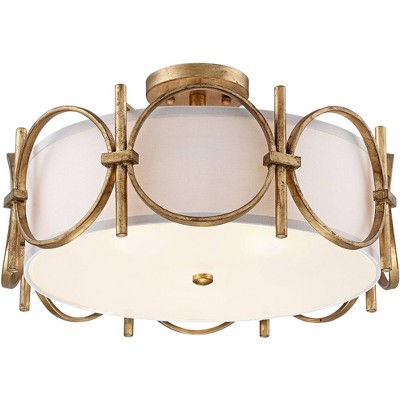 Barnes and Ivy Modern Ceiling Light Semi Flush Mount Fixture Gold 18 1/4" Wide White Fabric Drum Shade Bedroom Kitchen Living Room