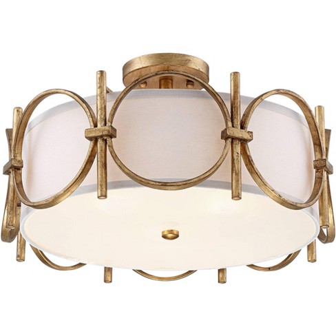 Barnes and Ivy Francis Mid Century Modern Ceiling Light Semi Flush Mount  Fixture 18 1/4 Wide Gold 3-Light White Fabric Drum Shade for Bedroom  Kitchen