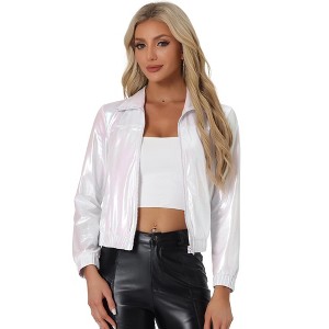 INSPIRE CHIC Women's Holographic Shiny Long Sleeve Metallic Zip Front Track Jacket - 1 of 4