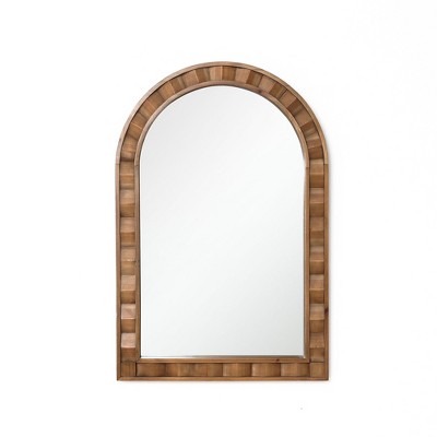 LuxenHome Natural Wood Frame Arch Rectangle Wall Mirror, 30.4” Tall Rustic Home Decor Brown