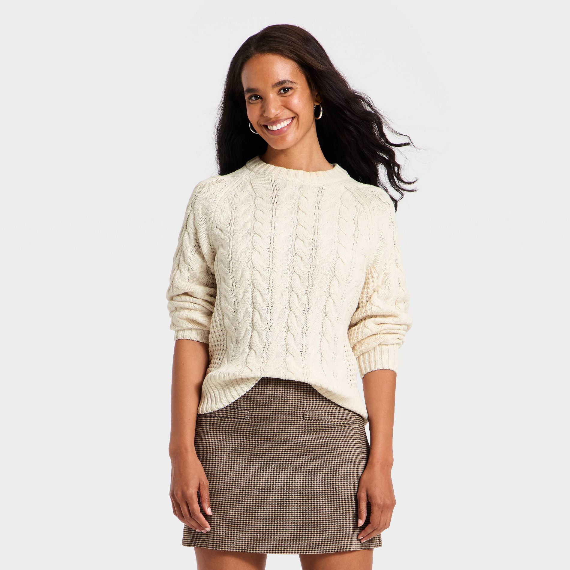 Women's Long Sleeve Round Neck Cable Sweater - A New Day™