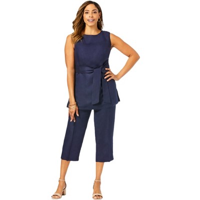 Jessica London Women's Plus Size Two Piece Sleeveless Tunic Top Capri Pants  Linen Blend Set - 24, Navy Blue : Target