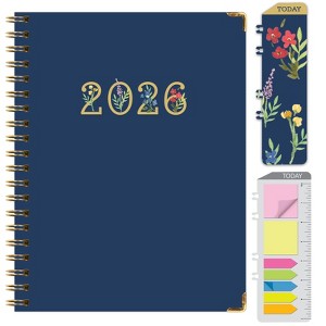 HARDCOVER 2026 Planner, 7"x9": 14 Months (Nov 2025-Dec 2026), Daily/Weekly/Monthly,  Bookmark, Pocket Folder w Sticky Notes (Navy Gold Numbers) - 1 of 4