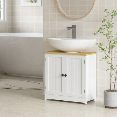 White Double Door Pedestal Sink Cabinet with Adjustable Shelf