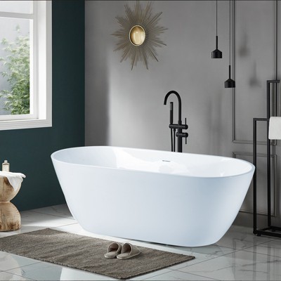 55 in. Oval Acrylic Soaking Bath Tub Flatbottom Freestanding Bathtub with Chrome Removable Drain