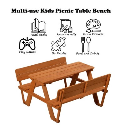 Rustic Fir Wood Kids Picnic Table Bench with Backrest