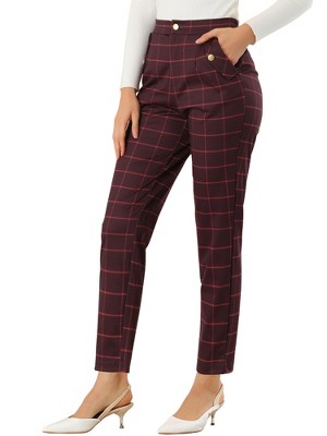 Allegra K Women's Plaid Tartan High Waisted Button Casual Pants Red X-Small