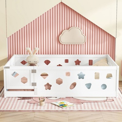 Okak Twin/Full Size Floor Bed Frame Solid Wood Bed with Safety Rails, Low Profile Design for Child Bedroom, Kids Playroom